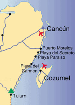 Location of Playa del Secreto and Playa Parisio from Cancun and Playa Del Carmen