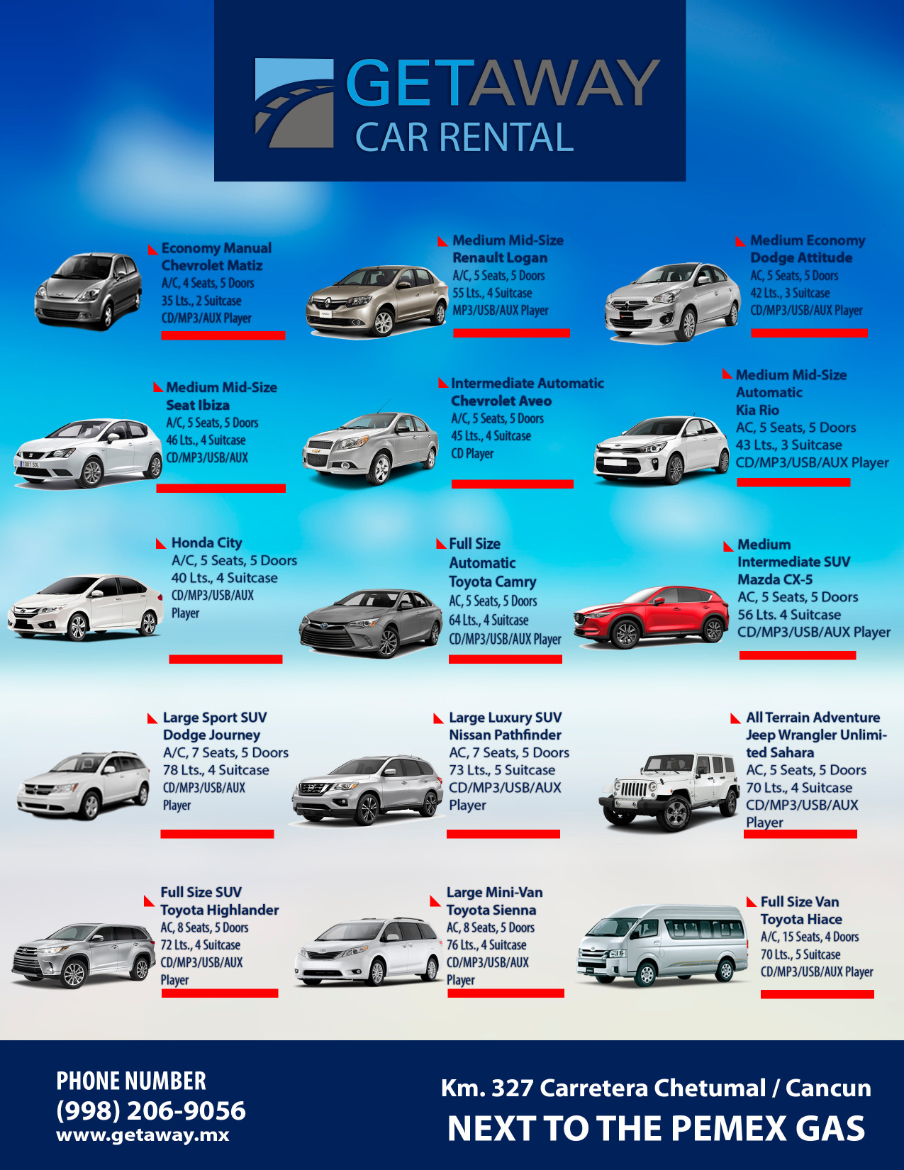 list of cars avaible from Getaway car rental for the secret becah villas guest